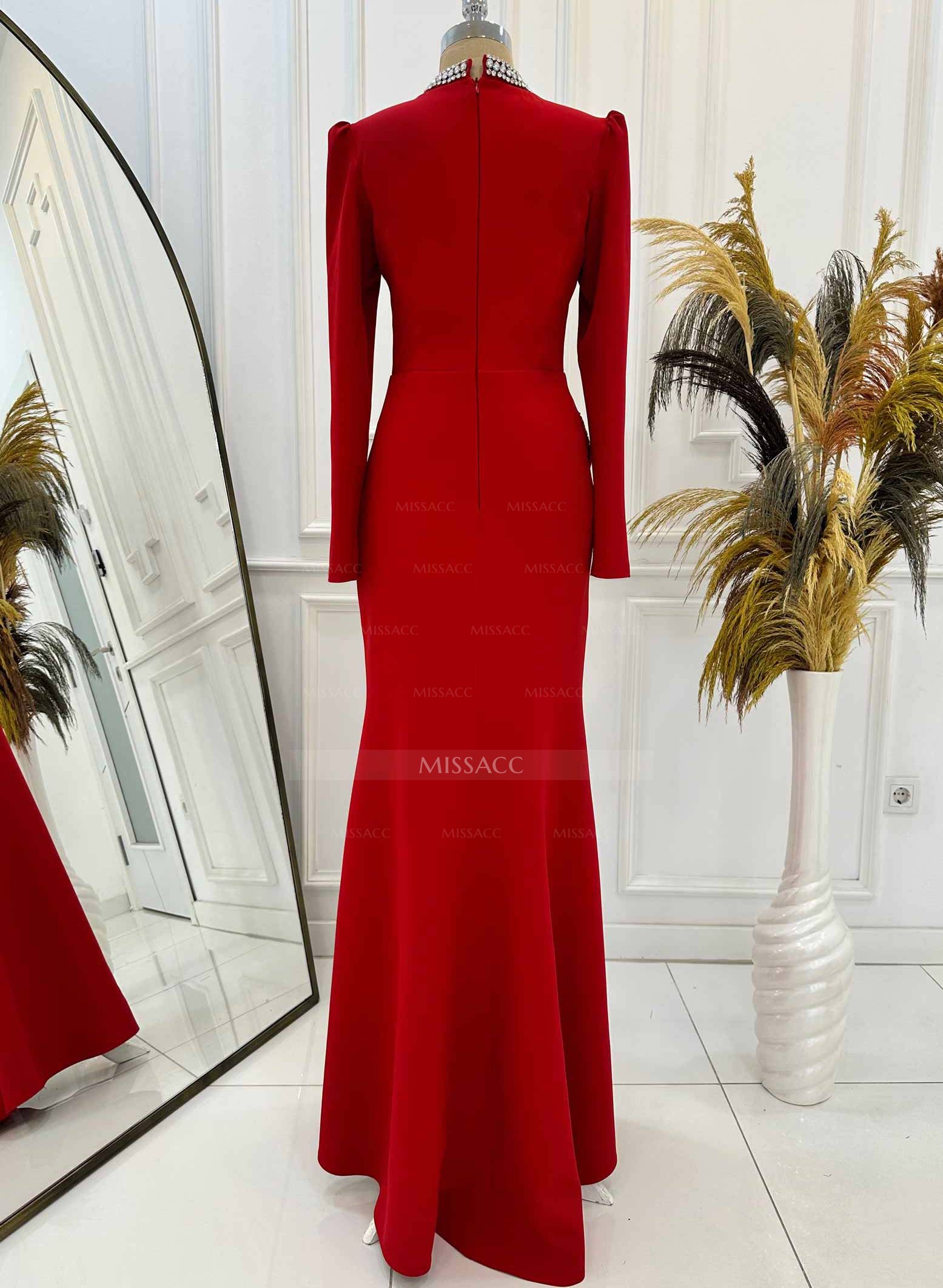 Sheath/Column High Neck Long Sleeves Elastic Satin Evening Dresses