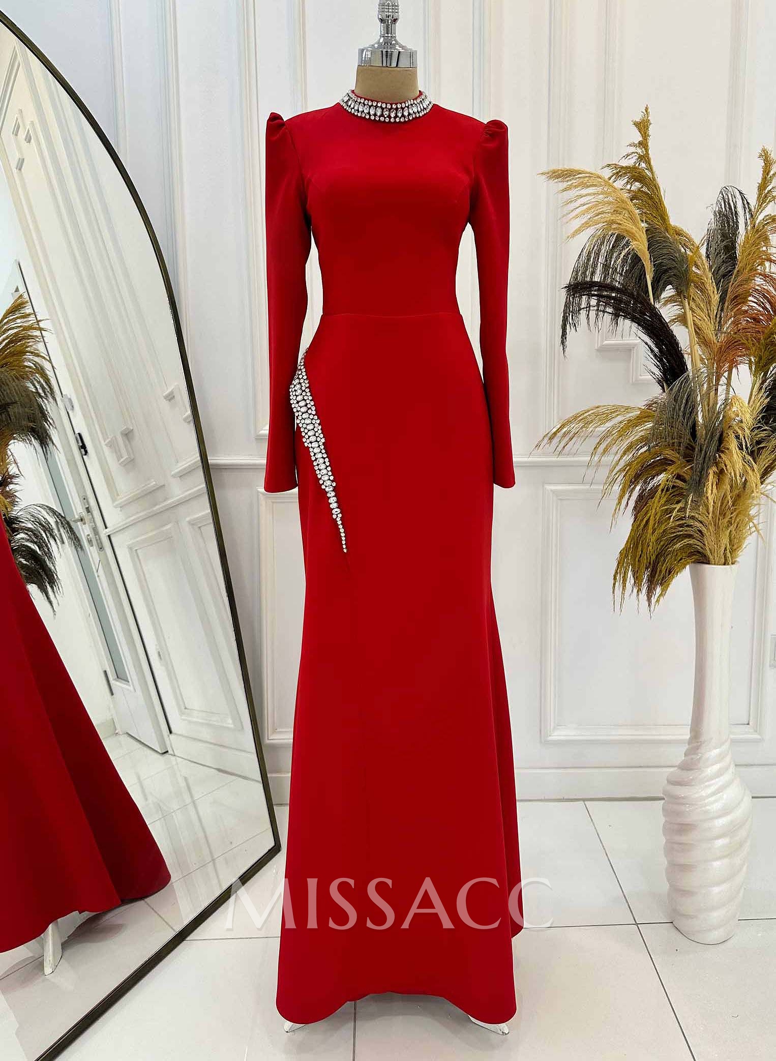Sheath/Column High Neck Long Sleeves Elastic Satin Evening Dresses