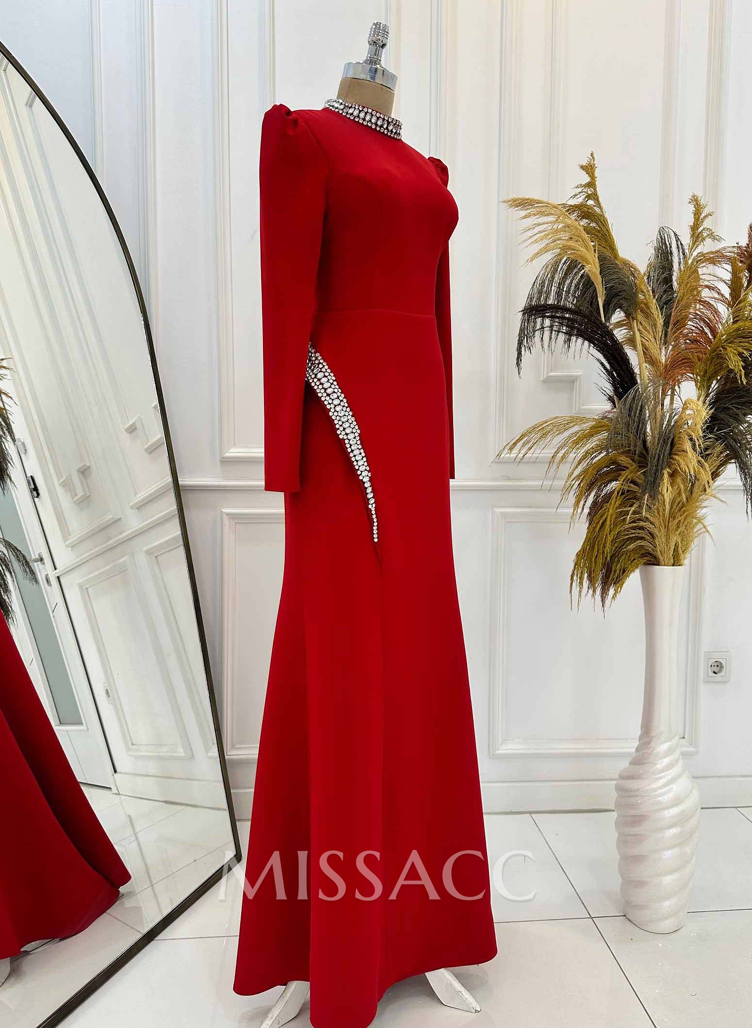 Sheath/Column High Neck Long Sleeves Elastic Satin Evening Dresses