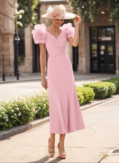 Sheath/Column V-Neck Elastic Satin Mother Of The Bride Dresses With Flower(s)
