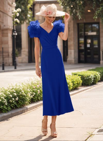 Sheath/Column V-Neck Elastic Satin Mother Of The Bride Dresses With Flower(s)