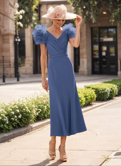 Sheath/Column V-Neck Elastic Satin Mother Of The Bride Dresses With Flower(s)