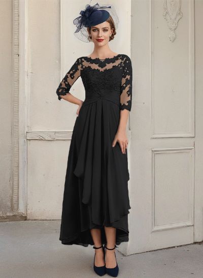 A-Line Illusion Neck Chiffon Mother Of The Bride Dresses With Lace