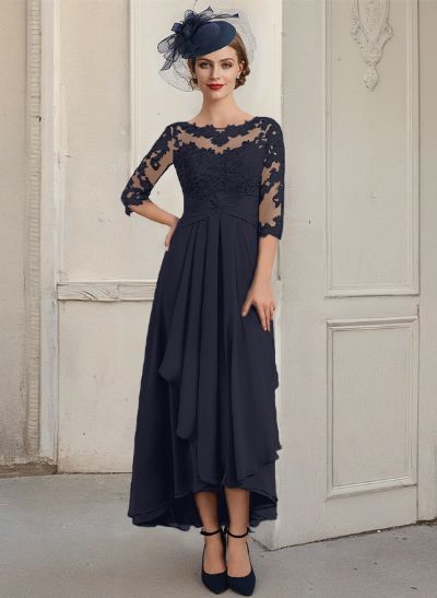 A-Line Illusion Neck Chiffon Mother Of The Bride Dresses With Lace