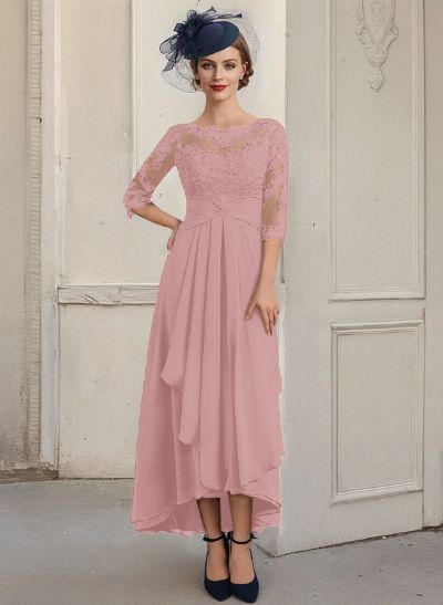 A-Line Illusion Neck Chiffon Mother Of The Bride Dresses With Lace