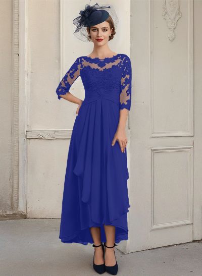 A-Line Illusion Neck Chiffon Mother Of The Bride Dresses With Lace