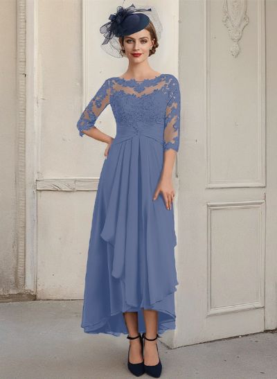 A-Line Illusion Neck Chiffon Mother Of The Bride Dresses With Lace