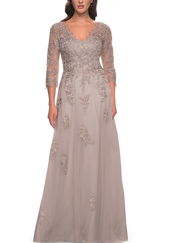 A-Line V-Neck 3/4 Sleeves Tulle Mother Of The Bride Dresses With Appliques Lace