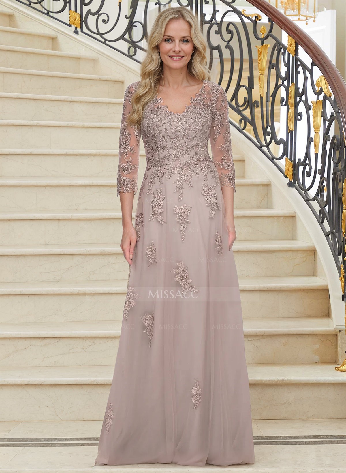 A-Line V-Neck 3/4 Sleeves Tulle Mother Of The Bride Dresses With Appliques Lace