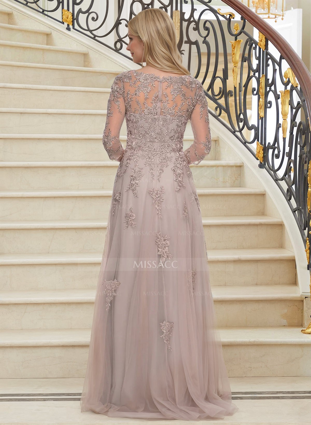 A-Line V-Neck 3/4 Sleeves Tulle Mother Of The Bride Dresses With Appliques Lace