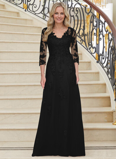 A-Line V-Neck 3/4 Sleeves Tulle Mother Of The Bride Dresses With Appliques Lace