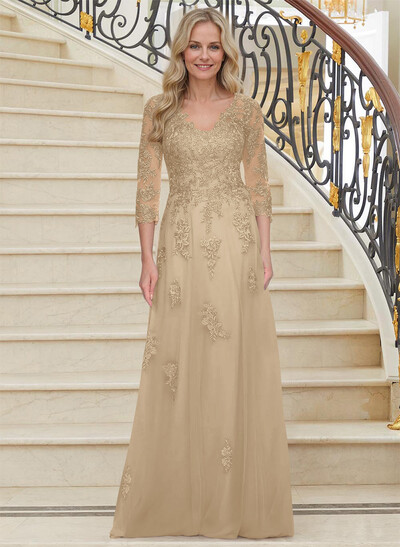 A-Line V-Neck 3/4 Sleeves Tulle Mother Of The Bride Dresses With Appliques Lace