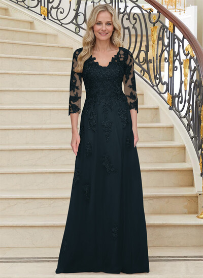 A-Line V-Neck 3/4 Sleeves Tulle Mother Of The Bride Dresses With Appliques Lace