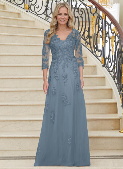 A-Line V-Neck 3/4 Sleeves Tulle Mother Of The Bride Dresses With Appliques Lace