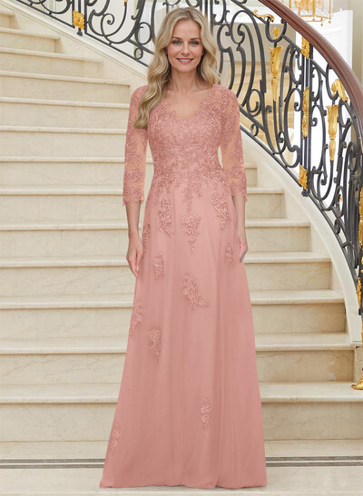 A-Line V-Neck 3/4 Sleeves Tulle Mother Of The Bride Dresses With Appliques Lace