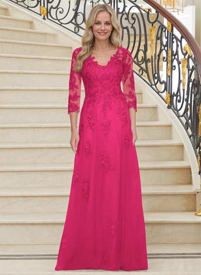 A-Line V-Neck 3/4 Sleeves Tulle Mother Of The Bride Dresses With Appliques Lace