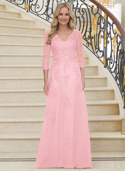 A-Line V-Neck 3/4 Sleeves Tulle Mother Of The Bride Dresses With Appliques Lace