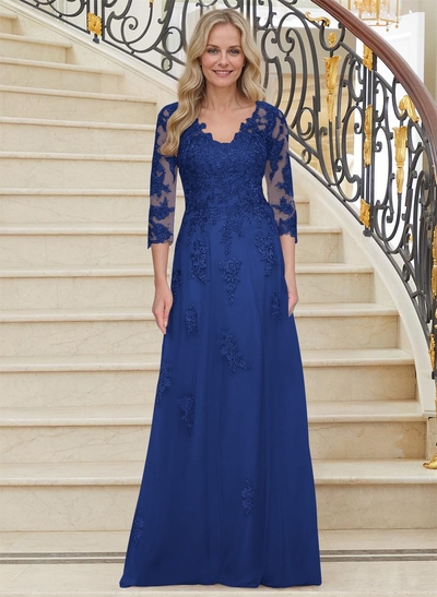 A-Line V-Neck 3/4 Sleeves Tulle Mother Of The Bride Dresses With Appliques Lace