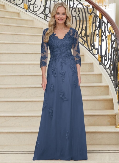 A-Line V-Neck 3/4 Sleeves Tulle Mother Of The Bride Dresses With Appliques Lace