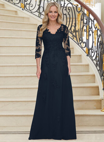A-Line V-Neck 3/4 Sleeves Tulle Mother Of The Bride Dresses With Appliques Lace