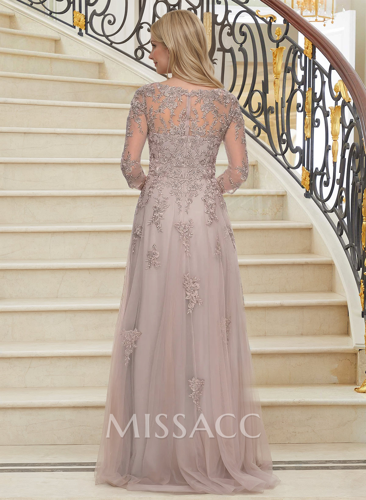 A-Line V-Neck 3/4 Sleeves Tulle Mother Of The Bride Dresses With Appliques Lace