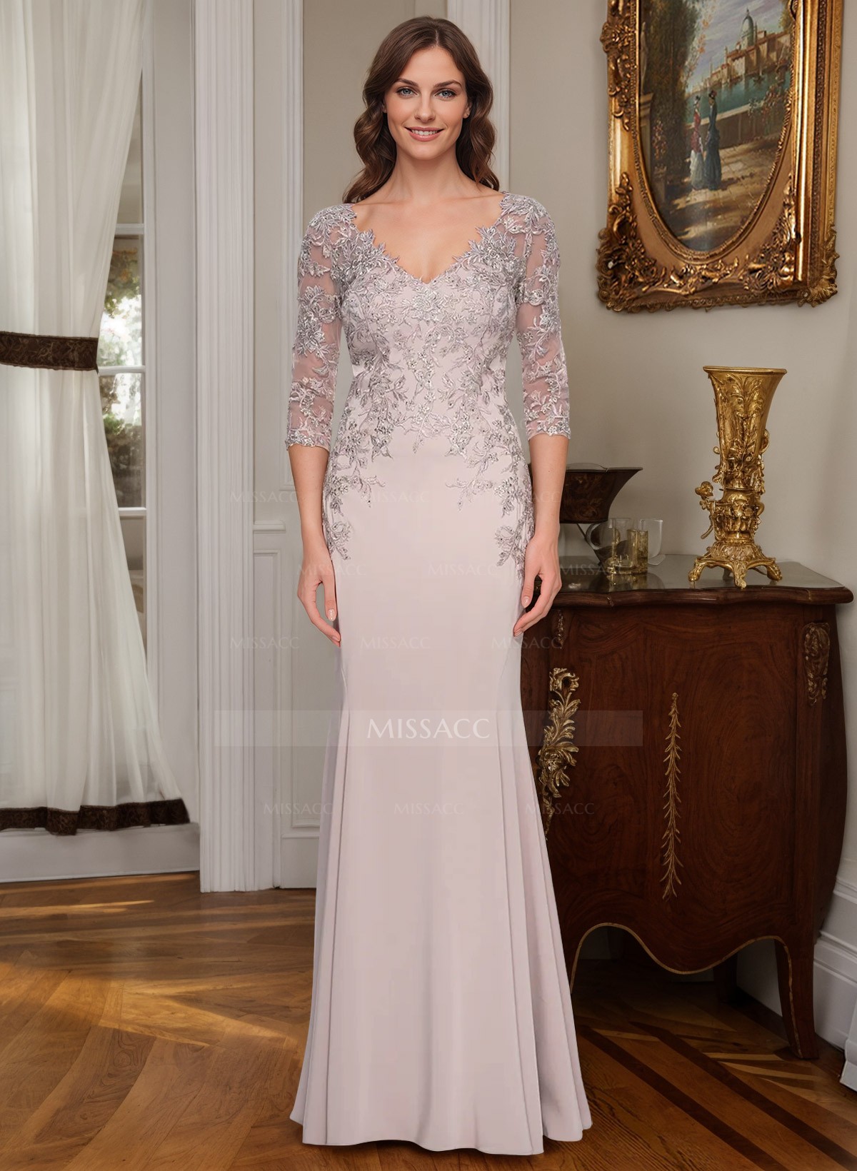 Sheath/Column V-Neck Elastic Satin Mother Of The Bride Dresses With Appliques Lace