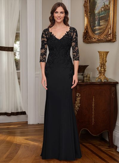 Sheath/Column V-Neck Elastic Satin Mother Of The Bride Dresses With Appliques Lace