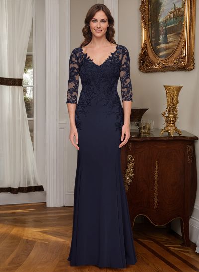 Sheath/Column V-Neck Elastic Satin Mother Of The Bride Dresses With Appliques Lace