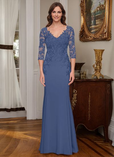 Sheath/Column V-Neck Elastic Satin Mother Of The Bride Dresses With Appliques Lace