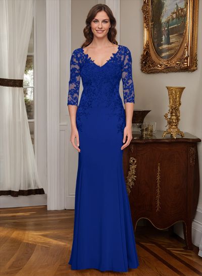 Sheath/Column V-Neck Elastic Satin Mother Of The Bride Dresses With Appliques Lace