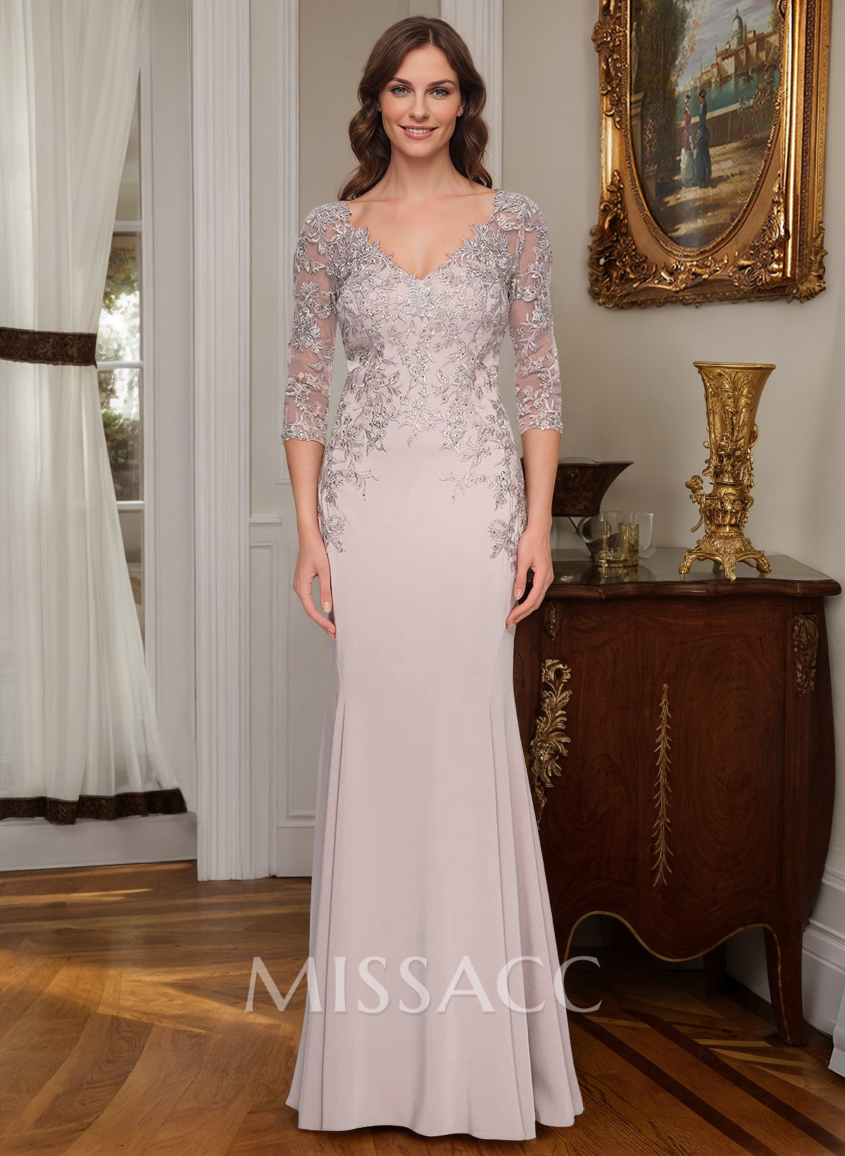 Sheath/Column V-Neck Elastic Satin Mother Of The Bride Dresses With Appliques Lace