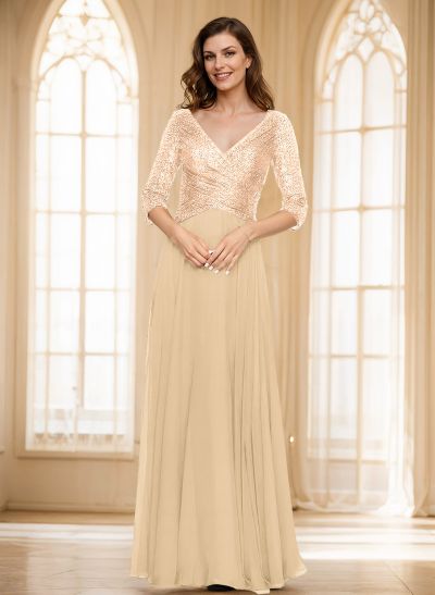 A-Line V-Neck 3/4 Sleeves Floor-Length Sequined Mother Of The Bride Dresses