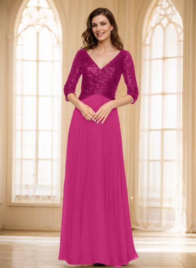 A-Line V-Neck 3/4 Sleeves Floor-Length Sequined Mother Of The Bride Dresses