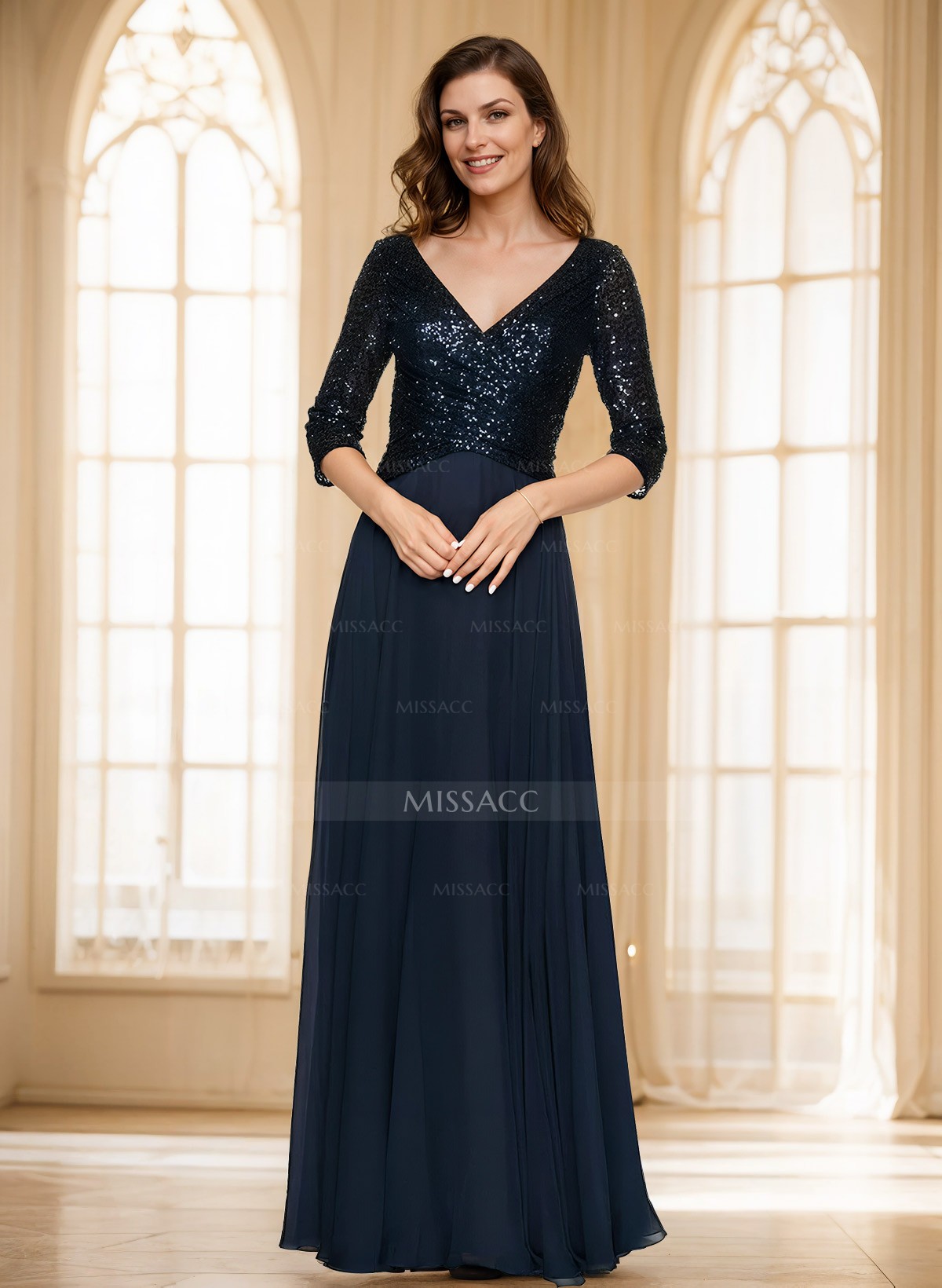 A-Line V-Neck 3/4 Sleeves Floor-Length Sequined Mother Of The Bride Dresses