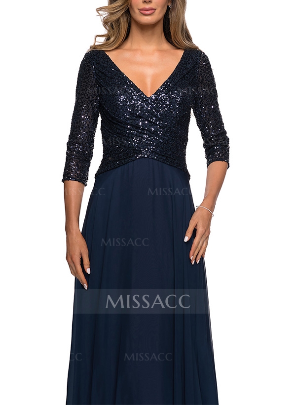 A-Line V-Neck 3/4 Sleeves Floor-Length Sequined Mother Of The Bride Dresses