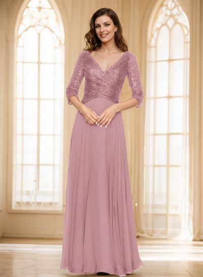 A-Line V-Neck 3/4 Sleeves Floor-Length Sequined Mother Of The Bride Dresses