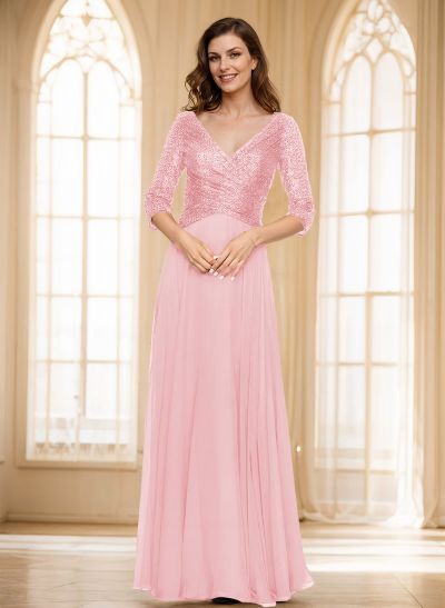A-Line V-Neck 3/4 Sleeves Floor-Length Sequined Mother Of The Bride Dresses