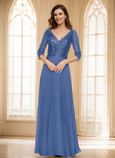 A-Line V-Neck 3/4 Sleeves Floor-Length Sequined Mother Of The Bride Dresses