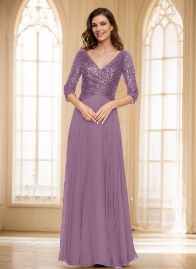 A-Line V-Neck 3/4 Sleeves Floor-Length Sequined Mother Of The Bride Dresses