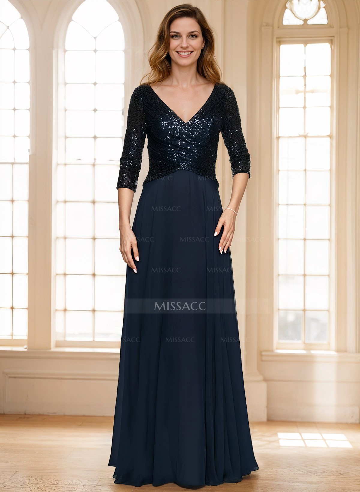 A-Line V-Neck 3/4 Sleeves Floor-Length Sequined Mother Of The Bride Dresses