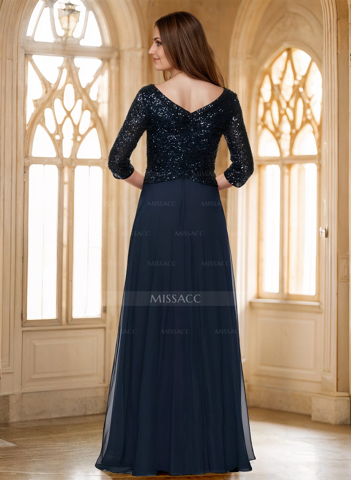 A-Line V-Neck 3/4 Sleeves Floor-Length Sequined Mother Of The Bride Dresses