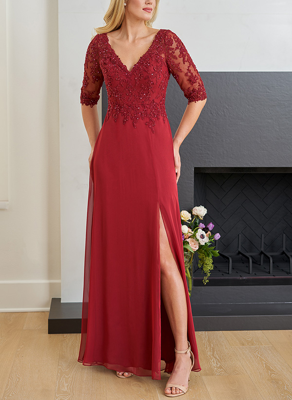 A-Line V-Neck 1/2 Sleeves Chiffon Mother Of The Bride Dresses With Appliques Lace
