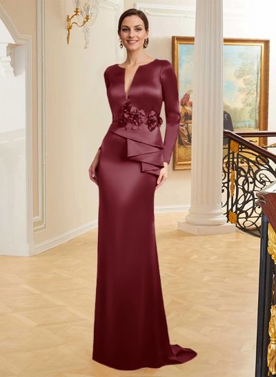 Sheath/Column Long Sleeves Satin Mother Of The Bride Dresses With Flower(s)