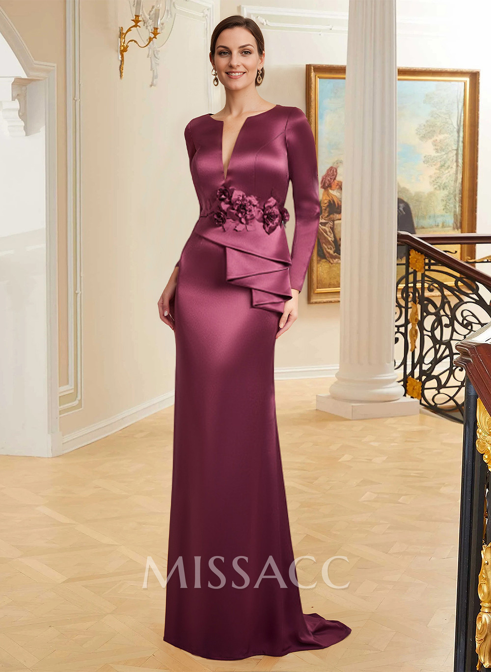 Sheath/Column Long Sleeves Acetate Satin Mother Of The Bride Dresses With Flower(s) Sheath/Column Long Sleeves Acetate Satin Mother Of The Bride Dresses With Flower(s)