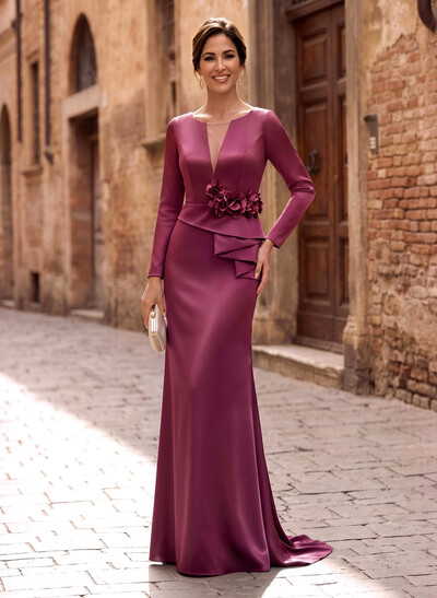 Sheath/Column Long Sleeves Acetate Satin Mother Of The Bride Dresses With Flower(s)