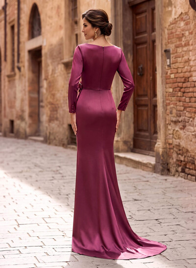 Sheath/Column Long Sleeves Acetate Satin Mother Of The Bride Dresses With Flower(s)