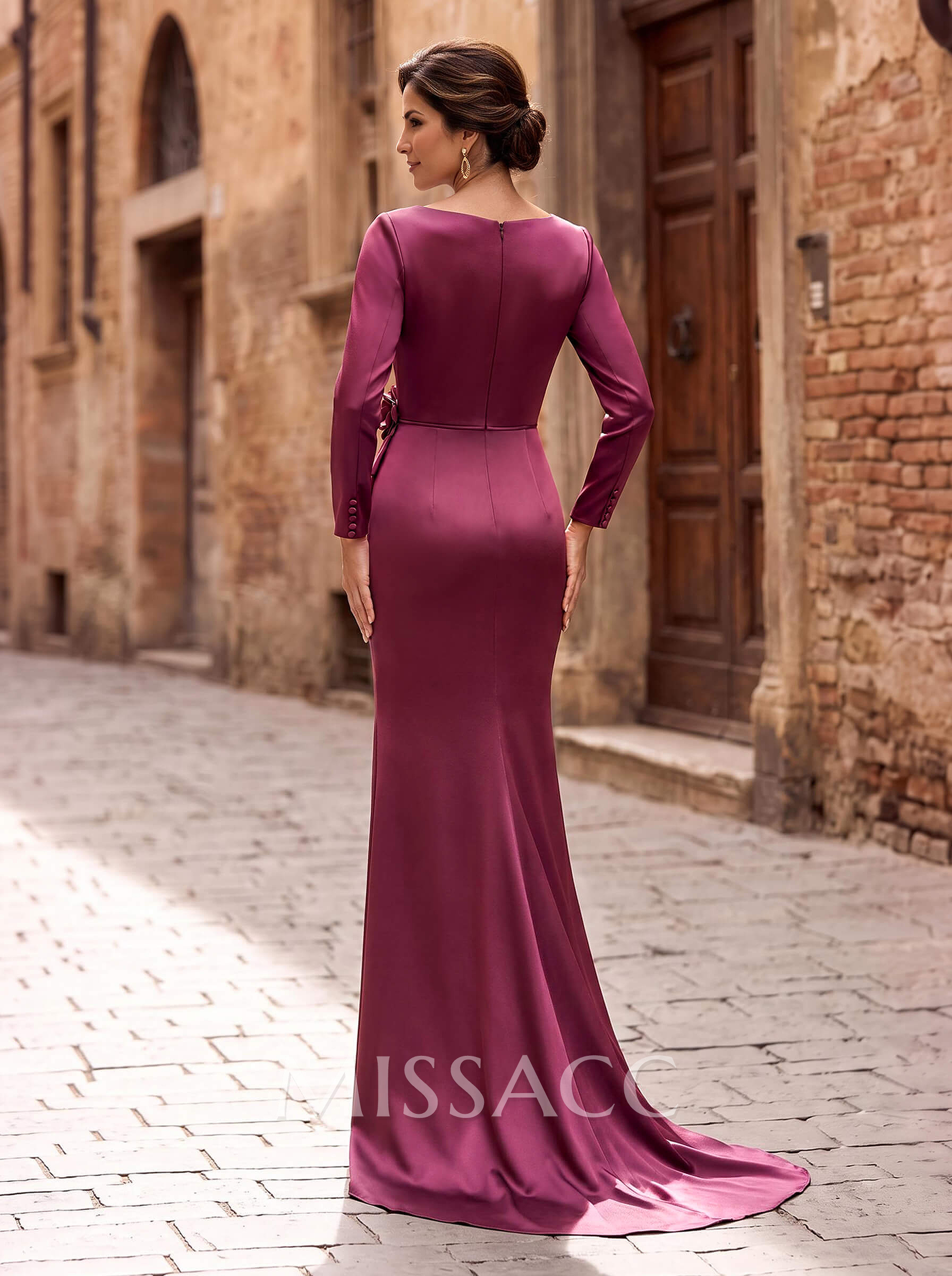 Sheath/Column Long Sleeves Acetate Satin Mother Of The Bride Dresses With Flower(s)