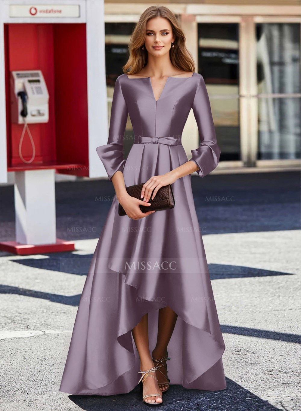 Abiti Da Cerimonia Per La Madre Della Sposa A Trapezio Con Maniche A 3/4 E  Lunghezza Al Pavimento In Raso - Missacc, image size:1000x1367