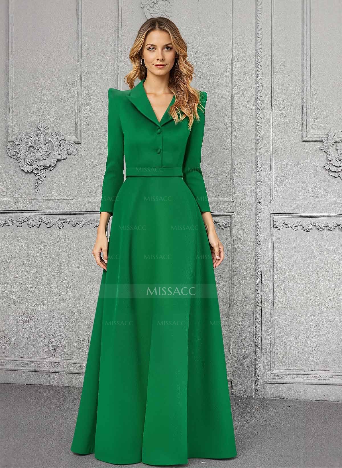 A-Line V-Neck 3/4 Sleeves Floor-Length Satin Mother Of The Bride Dresses