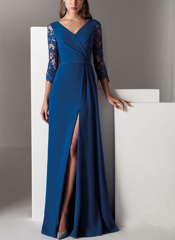A-Line V-Neck 3/4 Sleeves Chiffon Mother Of The Bride Dresses With High Split